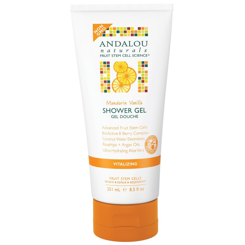 Gel tắm Mandarin Vanilla của Andalou Naturals, chứa tế bào gốc trái cây tiên tiến, phức hợp 8 loại quả, nước dừa điện giải, dầu hoa hồng và argan, cung cấp độ ẩm tối ưu cho da. Mỹ phẩm sạch, hữu cơ với công thức từ thiên nhiên.