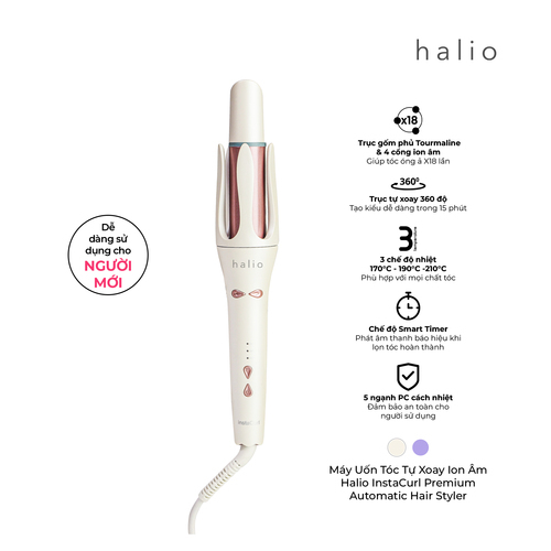 Máy Uốn Tóc Tự Xoay Ion Âm Halio instaCurl Premium Automatic Hair Styler Pearl White