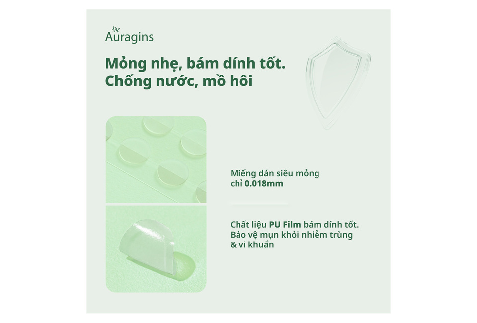 Miếng Dán Mụn The Auragins Acne Rescue Patch chứa BHA, giúp làm dịu và giảm viêm mụn, với 36 miếng. Chất liệu PU Film bám dính tốt, siêu mỏng chỉ 0.018mm, bảo vệ mụn khỏi vi khuẩn.