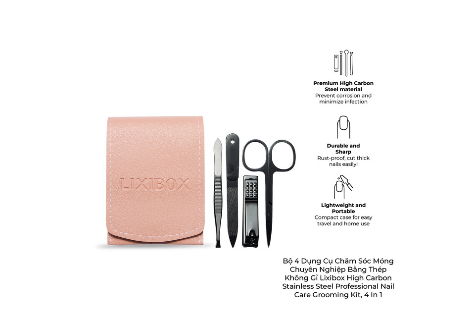 Bộ 4 Dụng Cụ Chăm Sóc Móng Chuyên Nghiệp Bằng Thép Không Gỉ Lixibox High Carbon Stainless Steel Professional Nail Care Grooming Kit, 4 In 1 với thiết kế nhẹ và dễ mang theo. Tích hợp dụng cụ làm móng giúp chăm sóc móng một cách hoàn hảo. 