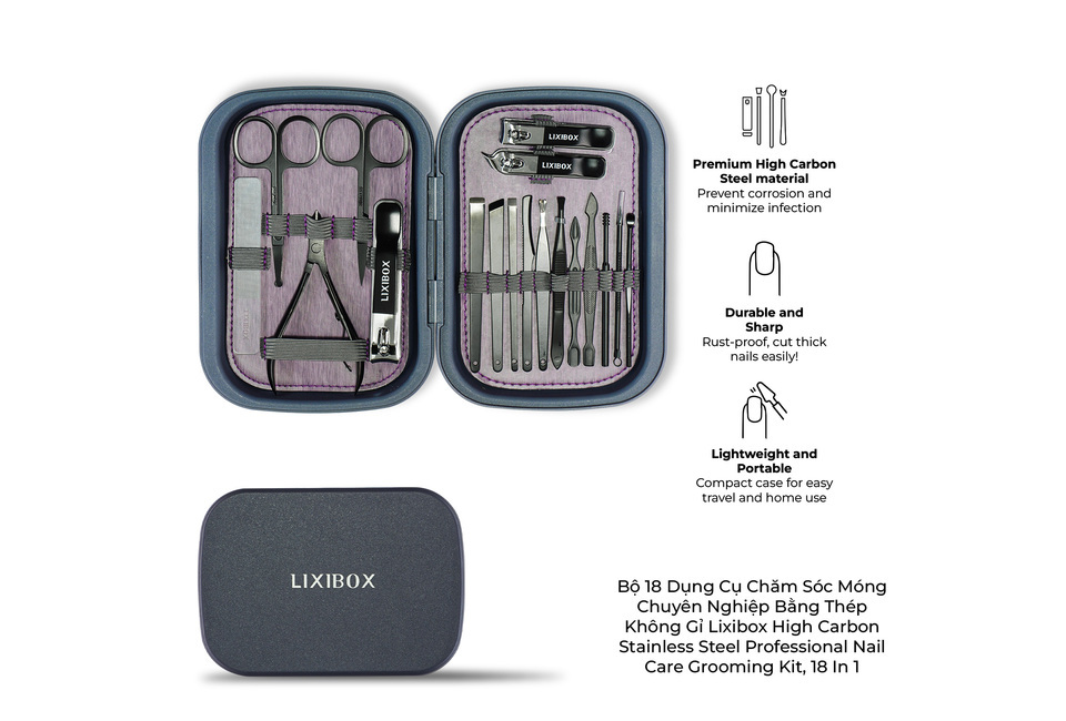 Bộ 18 Dụng Cụ Chăm Sóc Móng Chuyên Nghiệp Bằng Thép Không Gỉ Lixibox High Carbon Stainless Steel Professional Nail Care Grooming Kit, 18 In 1 với thiết kế gọn nhẹ và nhiều dụng cụ đa năng cho việc chăm sóc móng tay chuyên nghiệp.