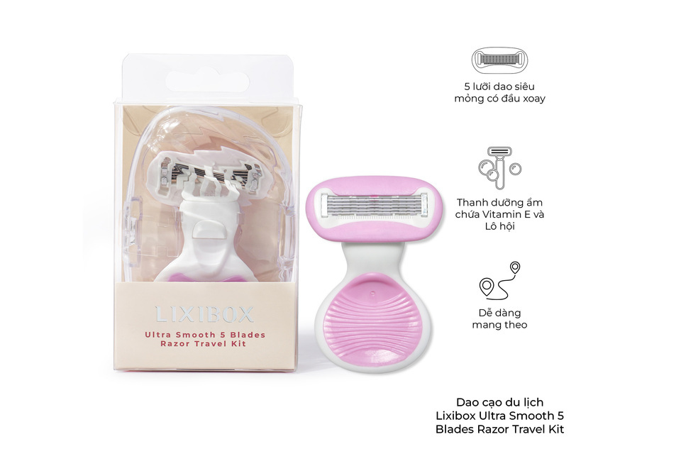 Dao cạo du lịch Lixibox Ultra Smooth 5 Blades Razor Travel Kit với 5 lưỡi dao siêu mỏng, thiết kế tiện dụng dễ dàng mang theo, tích hợp thanh dưỡng ẩm chứa Vitamin E và Lô hội.