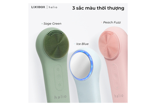 Máy Rửa Mặt Massage Tích Hợp Liệu Pháp Ánh Sáng và Nhiệt Halio Multi-task Cleansing & Massaging Device với màu Sage Green, Ice Blue và Peach Fuzz, mô tả các tính năng như massage và trị liệu ánh sáng.