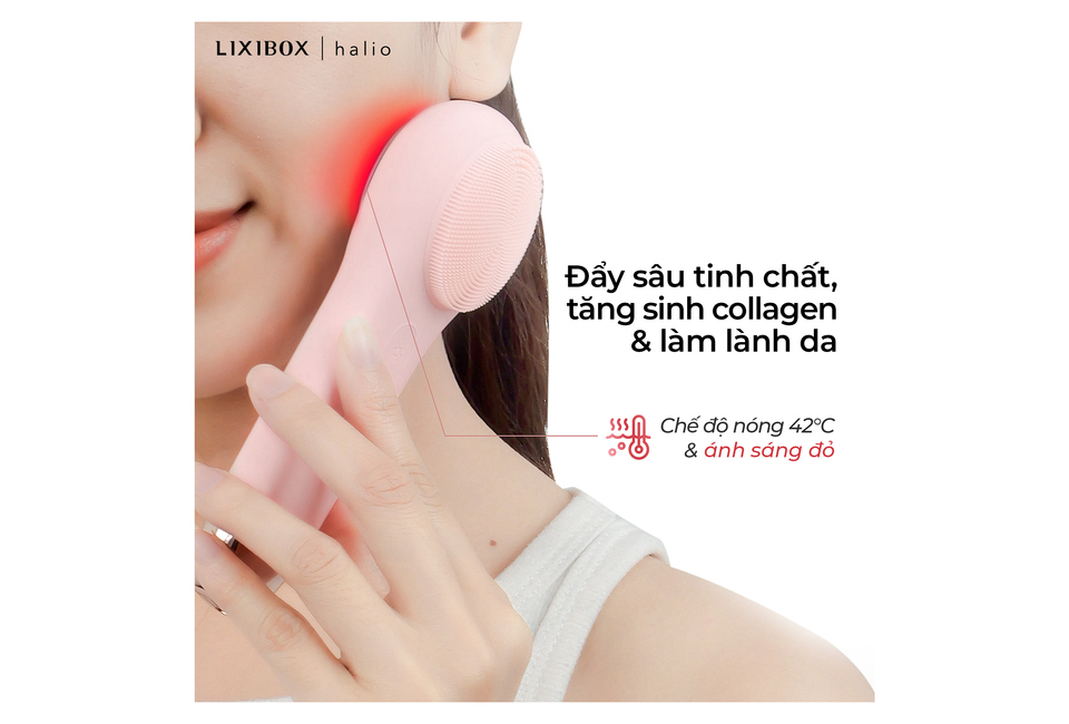 Máy Rửa Mặt Massage Tích Hợp Liệu Pháp Ánh Sáng và Nhiệt Halio Multi-task Cleansing & Massaging Device với chức năng điều chỉnh nhiệt độ 42°C và ánh sáng đỏ, giúp tăng sinh collagen và làm lành da, tạo cảm giác thư giãn cho người sử dụng.