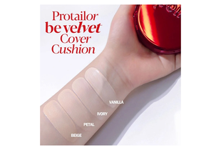 Phấn Nước Espoir Pro Tailor Be Velvet Cushion SPF34 PA++ với hai lõi refill. Bảng màu với các tông màu, bao gồm Beige, Petal, Ivory, và Vanilla, trên nền da, thể hiện độ phủ và hoàn thiện tự nhiên.