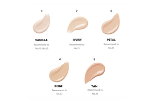Bảng màu phấn nước Espoir Pro Tailor Be Velvet Cushion SPF34 PA++, gồm các sắc thái: 1. Vanilla, 2. Ivory, 3. Petal, 4. Beige, 5. Tan, cùng với thông tin khuyến nghị phù hợp cho từng sắc thái.
