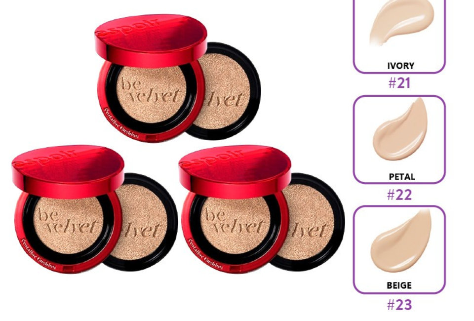 Phấn nước Espoir Pro Tailor Be Velvet Cushion SPF34 PA++ 13gr x 2 No.23 Beige với 2 lõi refill, mang đến lớp trang điểm hoàn hảo và tự nhiên; gồm các tông màu Ivory, Petal, và Beige.