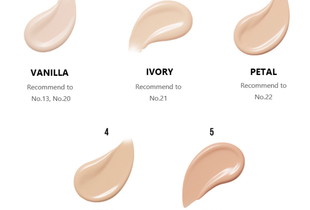 Màu sắc phấn nước Espoir Pro Tailor Be Velvet Cushion SPF34 PA++ với các sắc thái: Vanilla, Ivory, Petal, Beige và Tan, kèm theo đề xuất cho từng màu số. Phấn Nước Espoir No.23 Beige phù hợp với tông da trung bình.