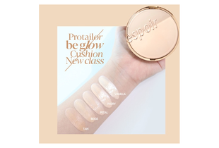 Bảng màu Phấn Nước Espoir Pro Tailor Be Glow New Class Cushion SPF42 PA++ với các tông màu TAN, BEIGE, IVORY, PETAL, và VANILLA được thử nghiệm trên da. Sản phẩm giúp tạo lớp nền hoàn hảo và bảo vệ da hiệu quả.