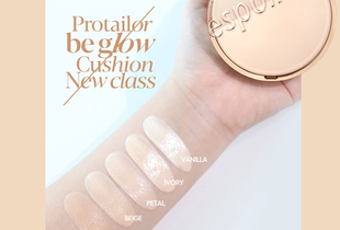 Swatches of the Phấn Nước Espoir Pro Tailor Be Glow New Class Cushion SPF42 PA++ in various shades: Tan, Beige, Petal, Ivory, and Vanilla, displayed on a hand.