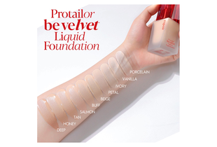 Bảng màu Kem Nền Espoir Pro Tailor Foundation Be Velvet SPF22 PA++ với các sắc thái như Porcelain, Vanilla, Ivory, Petal, Beige, Buff, Salmon, Tan, Honey, Deep trên cánh tay.