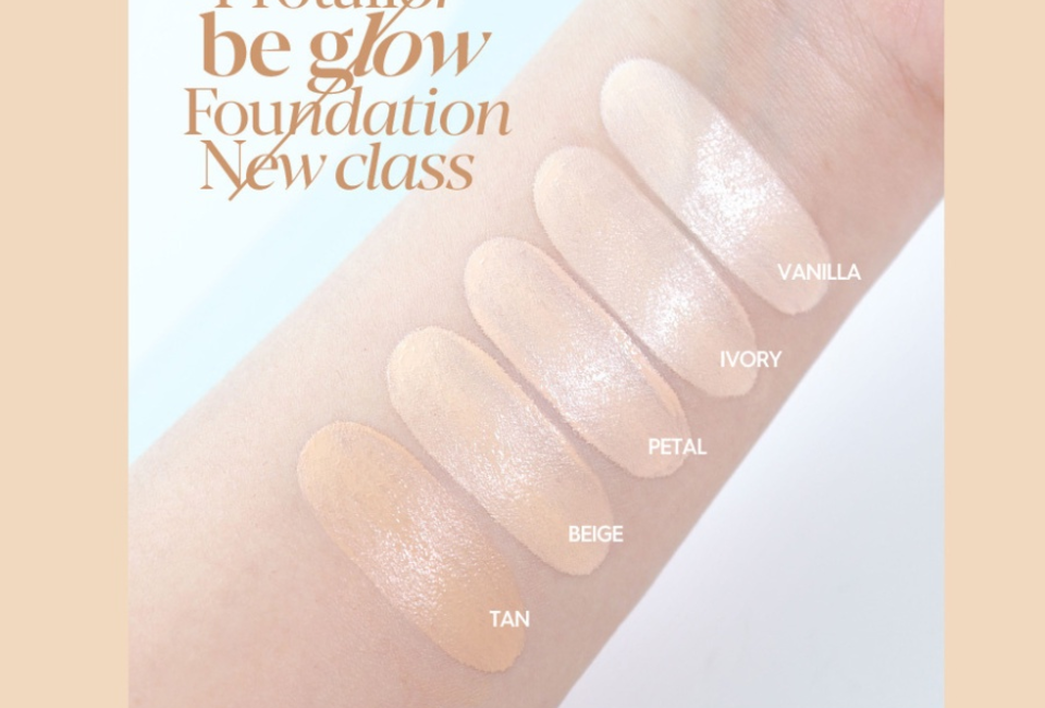 Bảng màu Kem Nền Espoir Pro Tailor Be Glow Foundation New Class 2023 SPF27 PA++ với các tông màu: Vanilla, Ivory, Petal, Beige và Tan, thể hiện độ che phủ hoàn hảo cho mọi loại da.