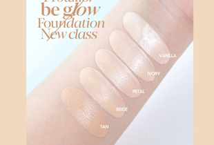 Mẫu màu của Kem Nền Espoir Pro Tailor Be Glow Foundation New Class 2023 SPF27 PA++ với các màu: Tan, Beige, Petal, Ivory, và Vanilla trên cánh tay.