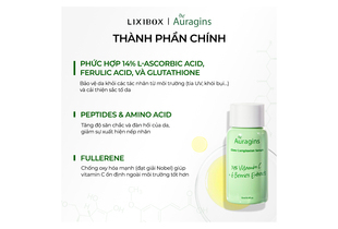Tinh Chất The Auragins Glow Complexion Serum 14% Vitamin C + 6 Berries Extracts cung cấp dưỡng chất giúp sáng da và giảm thâm nám, với thành phần chính bao gồm L-Ascorbic Acid, Peptides và Fullerenes, phù hợp cho mọi loại da.
