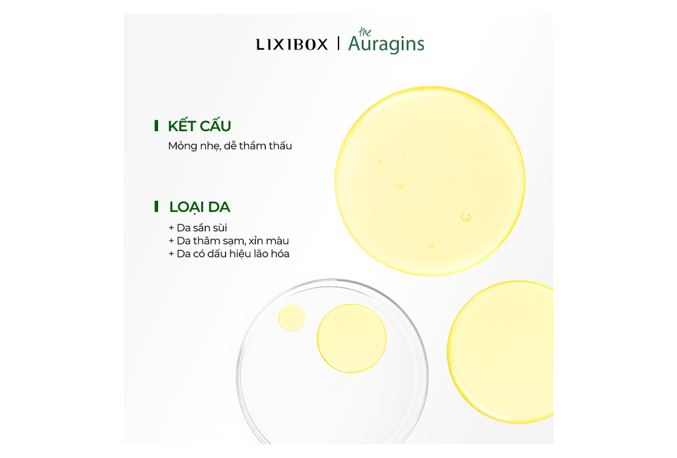 Tinh Chất The Auragins Glow Complexion Serum 14% Vitamin C + 6 Berries Extracts với kết cấu mỏng nhẹ, phù hợp cho da sần sùi, da thâm sạm, và da có dấu hiệu lão hóa, giúp sáng da và giảm thâm nám.