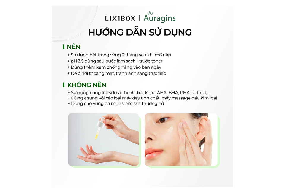 Hướng dẫn sử dụng Tinh Chất The Auragins Glow Complexion Serum 14% Vitamin C + 6 Berries Extracts, cách tối ưu để đạt hiệu quả làm sáng da và giảm thâm nám, nêu rõ những điều nên và không nên khi sử dụng.