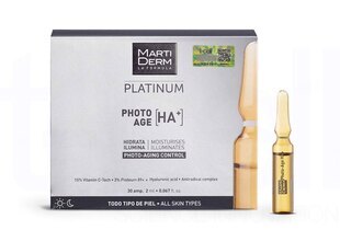 Hộp 1 ống Ampoule chống lão hóa Martiderm Platinum Photo Age HA+. Chứa 15% Vitamin C-Tech, 3% Proteum 89+ giúp cung cấp độ ẩm và kiểm soát lão hóa da hiệu quả.
