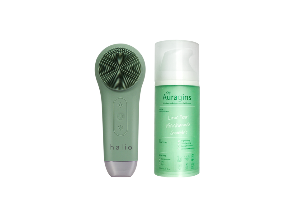 Box Máy Rửa Mặt Halio Multi-task Cleansing & Massaging Device 5 in 1 - Sage Green đi kèm Gel dưỡng ẩm ngừa mụn, giảm thâm The Auragins 100ml với thành phần chính như Lime Pearl, Niacinamide và Ceramide.