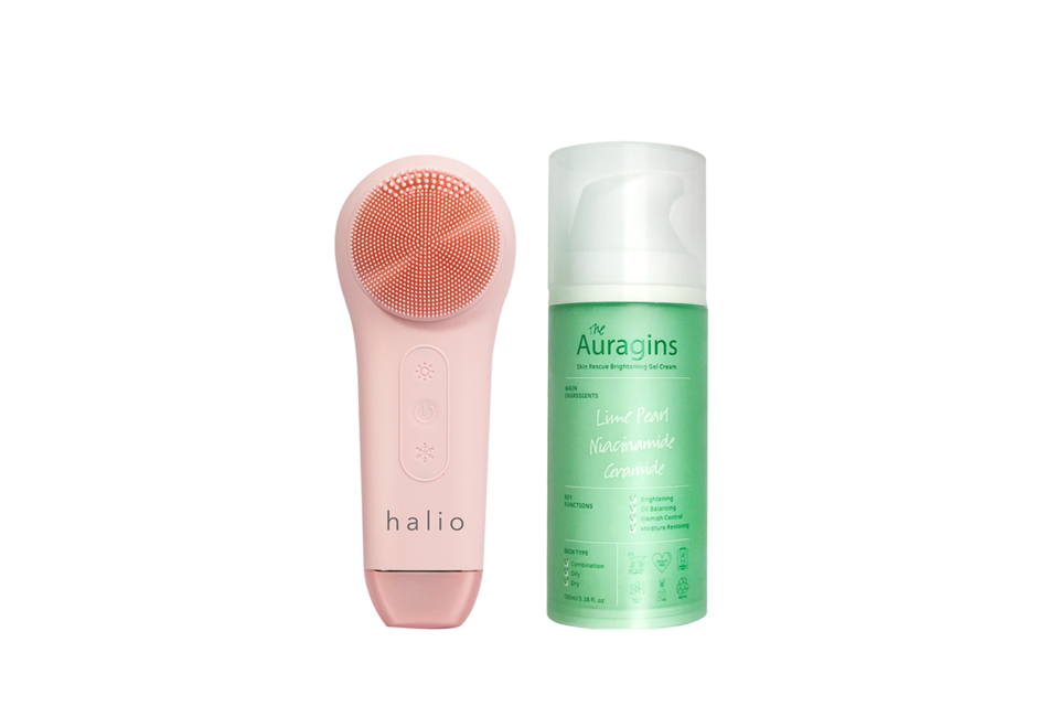 Box Máy Rửa Mặt Halio Multi-task Cleansing & Massaging Device 5 in 1 - Peach Fuzz kết hợp với gel dưỡng ẩm ngừa mụn, giảm thâm The Auragins 100ml, sản phẩm chăm sóc da hoàn hảo cho làn da sạch và sáng.