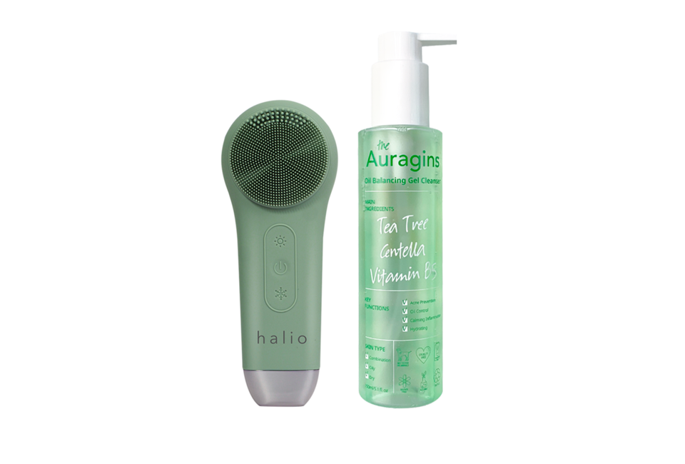Hồ sơ sản phẩm Box Máy Rửa Mặt Halio Multi-task Cleansing & Massaging Device 5 in 1 - Sage Green kèm theo Gel rửa mặt The Auragins cho da dầu mụn 150ml, giúp làm sạch da và cải thiện tình trạng da dầu mụn hiệu quả.