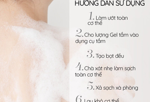 Hướng dẫn sử dụng Sữa Tắm Nước Hoa Cindy Bloom Fresh Ocean Năng Động Trẻ Trung 640g, bao gồm các bước làm ướt cơ thể, cho gel tắm vào dụng cụ, tạo bọt đều, chà xát nhẹ, xả sạch và lau khô cơ thể.