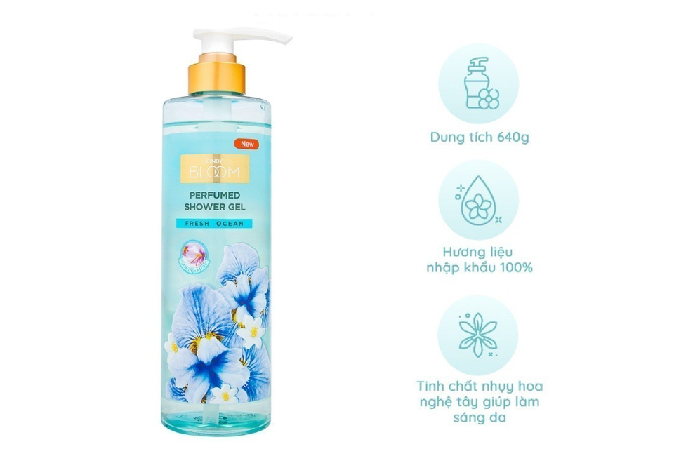 Sữa Tắm Nước Hoa Cindy Bloom Fresh Ocean Năng Động Trẻ Trung 640g với chiết xuất thiên nhiên giúp làm sạch và nuôi dưỡng da, mang lại cảm giác tươi mát.