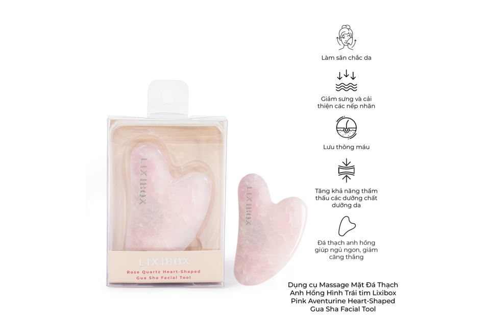 Dụng cụ Massage Mặt Đá Thạch Anh Hồng Hình Trái Tim Lixibox giúp làm săn chắc da, giảm sưng và cải thiện nếp nhăn, lưu thông máu, tăng khả năng thẩm thấu các dưỡng chất, mang lại làn da khỏe mạnh.