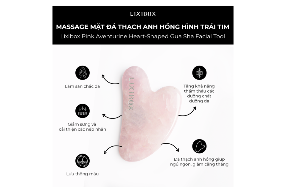Dụng cụ Massage Mặt Đá Thạch Anh Hồng Hình Trái Tim Lixibox giúp săn chắc da, giảm sưng và cải thiện các nếp nhăn, tăng khả năng thẩm thấu dưỡng chất và lưu thông máu, đồng thời giúp giảm căng thẳng và thư giãn.