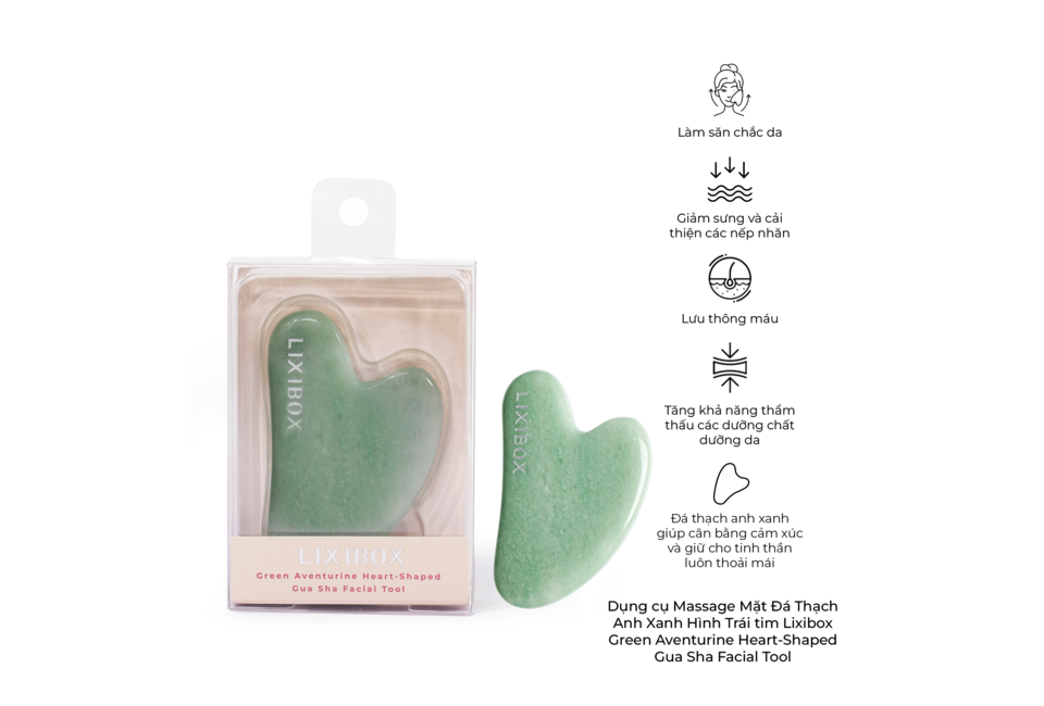 Dụng cụ Massage Mặt Đá Thạch Anh Xanh Hình Trái tim Lixibox Green Aventurine Heart-Shaped Gua Sha Facial Tool giúp làm săn chắc da, giảm sưng, cải thiện các nếp nhăn và lưu thông máu hiệu quả.