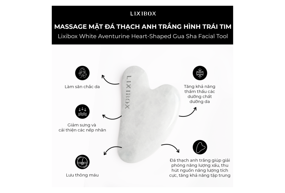 Dụng cụ Massage Mặt Đá Thạch Anh Trắng Hình Trái Tim Lixibox giúp làm săn chắc da, giảm sưng và cải thiện nếp nhăn. Tăng khả năng thẩm thấu dưỡng chất và lưu thông máu, mang lại làn da tươi trẻ, rạng rỡ.