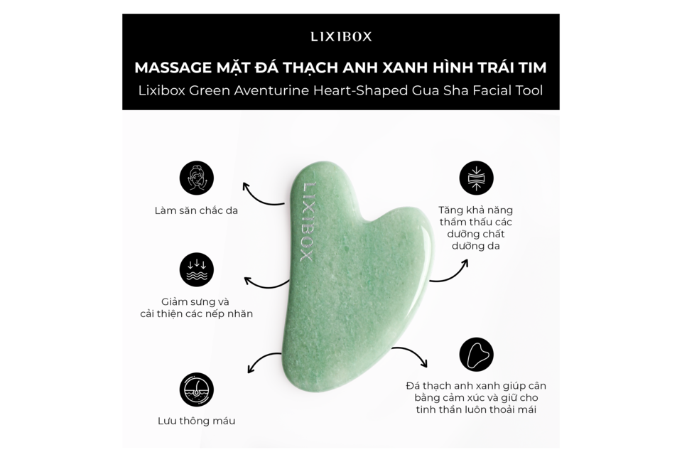Dụng cụ Massage Mặt Đá Thạch Anh Xanh Hình Trái tim Lixibox với nhiều công dụng như làm săn chắc da, giảm sưng và cải thiện nếp nhăn, giúp lưu thông máu và tăng khả năng thẩm thấu các dưỡng chất cho da, mang lại làn da khỏe đẹp.