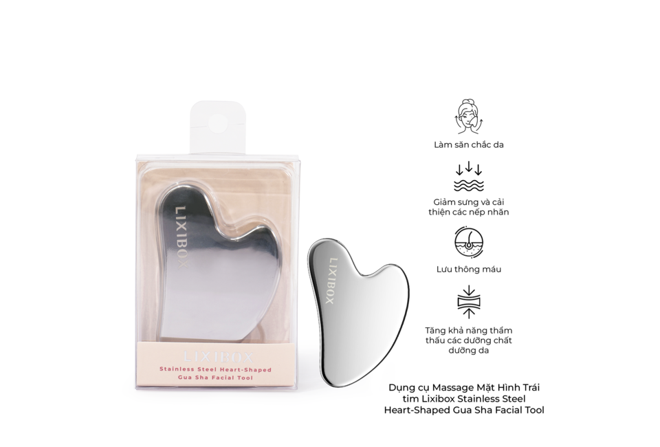 Dụng cụ Massage Mặt Hình Trái tim Lixibox Stainless Steel Heart-Shaped Gua Sha Facial Tool với công dụng làm săn chắc da, giảm sưng và cải thiện các nếp nhăn, giúp lưu thông máu và tăng khả năng thẩm thấu các dưỡng chất.