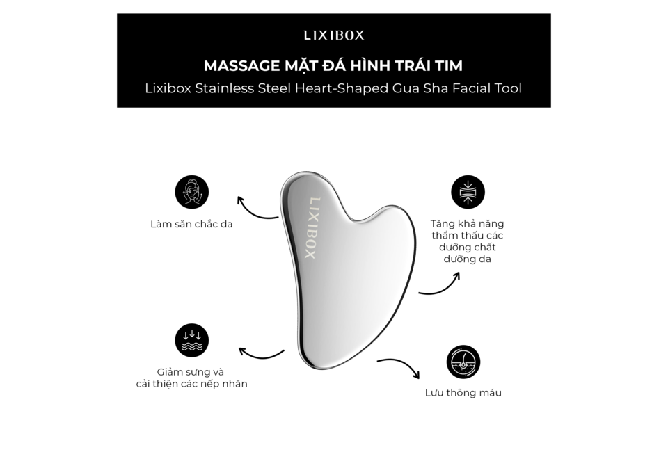 Dụng cụ Massage Mặt Hình Trái tim Lixibox Stainless Steel Heart-Shaped Gua Sha Facial Tool, giúp làm săn chắc da, giảm sưng và cải thiện các nếp nhăn, tăng khả năng thẩm thấu các dưỡng chất, lưu thông máu hiệu quả.