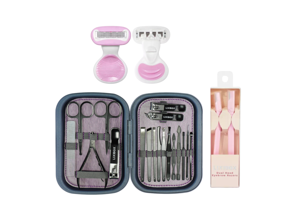 Bộ sản phẩm Box chăm sóc cá nhân Sharp & Shine Collection gồm các dụng cụ làm đẹp như kéo, kềm cắt móng, và dao cạo lông mày. Đây là bộ hoàn hảo để chăm sóc cá nhân hàng ngày.