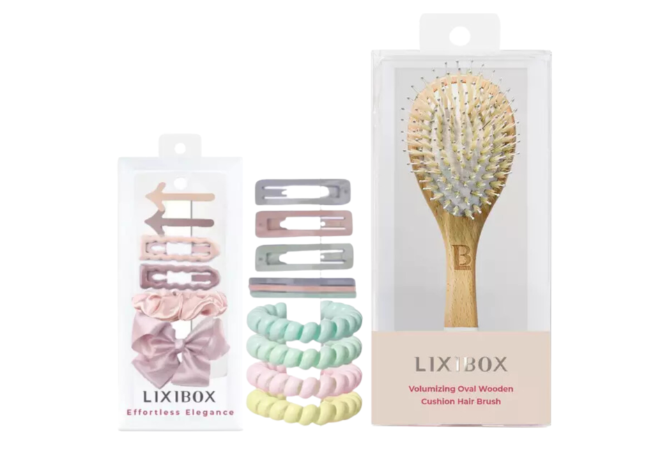 Box Phụ Kiện Chăm Sóc Tóc Cute Hairstyle bao gồm kẹp tóc và lược gỗ, hoàn hảo cho việc tạo kiểu tóc dễ dàng và đẹp mắt.