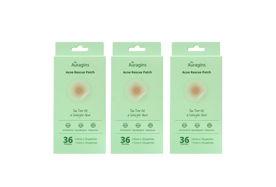 Box 3 Miếng Dán Mụn The Auragins Acne Rescue Patch Chứa BHA Làm Dịu Giảm Viêm Mụn 36 miếng, bao gồm 18 miếng kích thước 14mm và 18 miếng kích thước 11mm, công thức chống vi khuẩn, không gây dị ứng và chịu nước.