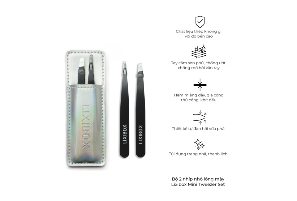 Bộ 2 nhíp Lixibox Mini Tweezer Set bao gồm nhíp và bao đựng màu bạc, thiết kế tiện dụng, chất liệu thép không gỉ, hoàn hảo cho việc làm đẹp và chăm sóc cá nhân.