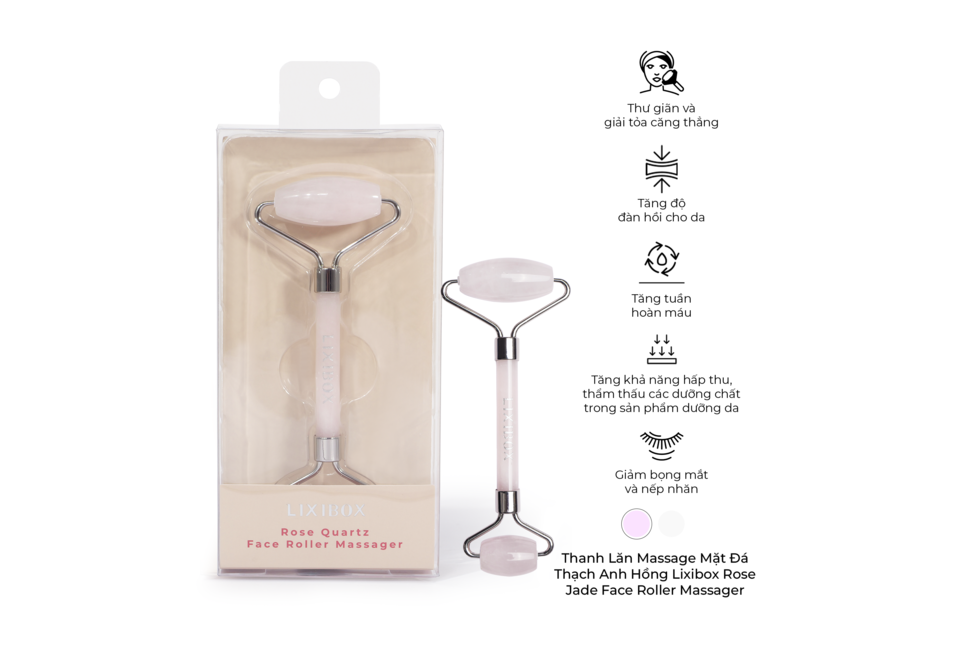 Thanh Lăn Massage Mặt Đá Thạch Anh Hồng Lixibox Rose Quartz Face Roller Massager trong bao bì, hoàn hảo cho việc chăm sóc da, giúp tăng cường độ đàn hồi và thư giãn da, giảm bọng mắt và nếp nhăn.