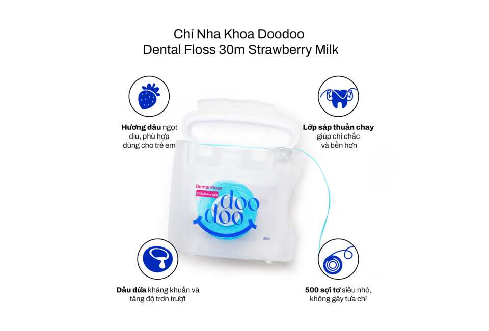 Chỉ Nha Khoa Doodoo Dental Floss 30m Strawberry Milk với hương dâu ngọt ngào, phù hợp cho trẻ em. Lớp sáp thuận chảy giúp chảy vào kẽ răng dễ dàng và dâu dưa kháng khuẩn giúp bảo vệ nướu.