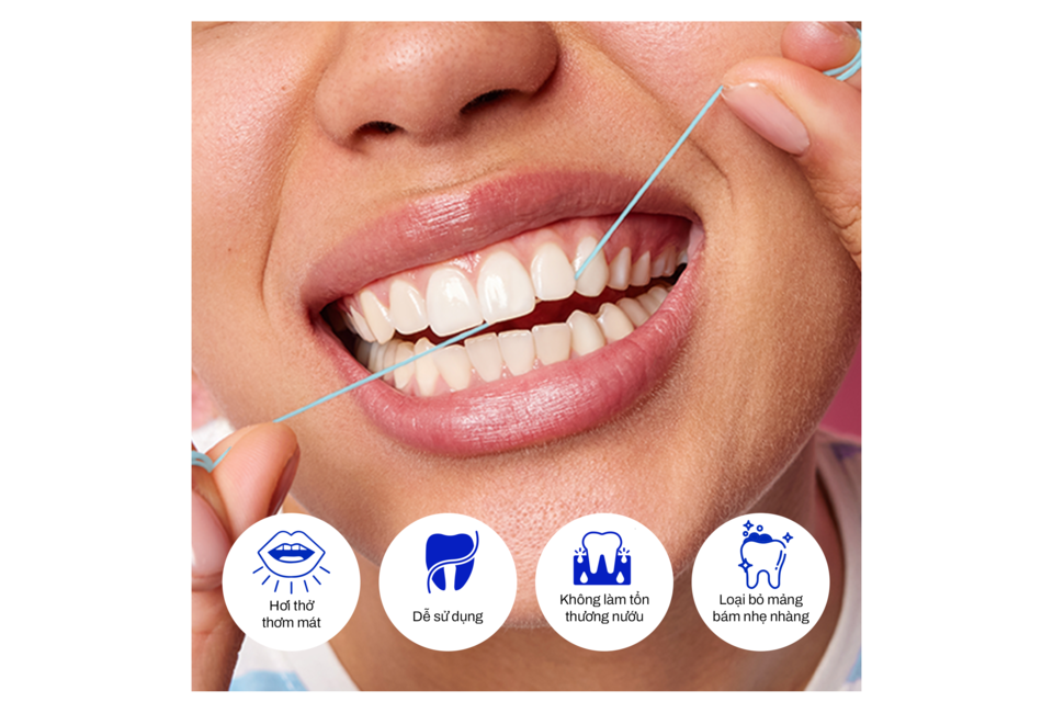 Set 2 Lõi Chỉ Nha Khoa Doodoo Dental Floss Refills 2x30m Strawberry Milk với người đang dùng chỉ nha khoa, thể hiện nụ cười tỏa sáng và sự chăm sóc răng miệng hoàn hảo.