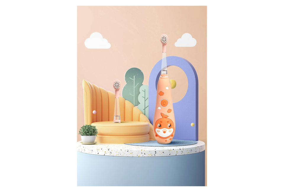 Bàn Chải Điện Dành Cho Trẻ Em Halio Smartsonic Electric Kid Toothbrush nằm trên bàn gỗ, phía sau là bối cảnh dễ thương với các họa tiết cây cối và mây, tạo không gian thân thiện cho trẻ em.