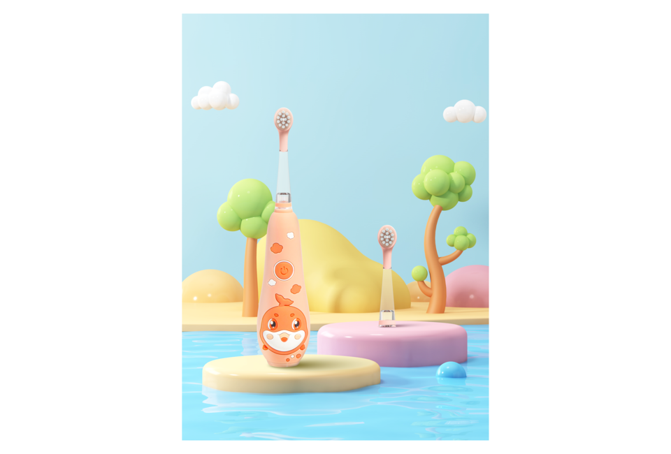 Bàn Chải Điện Dành Cho Trẻ Em Halio Smartsonic Electric Kid Toothbrush, kiểu dáng dễ thương với hình cá, đặt trên nền nước và khung cảnh vui nhộn, giúp trẻ em cảm thấy hứng thú khi đánh răng.