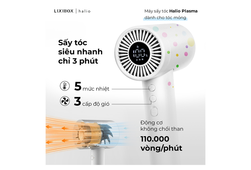 Máy Sấy Tóc Halio Plasma Hair Dryer Dành Cho Tóc Mỏng - Spring Breeze với hiệu suất sấy siêu nhanh chỉ 3 phút, 5 mức nhiệt, 3 cấp độ gió và động cơ không chổi than 110.000 vòng/phút, phù hợp với nhu cầu chăm sóc tóc.