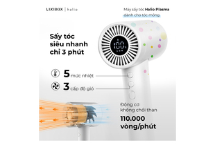 Máy Sấy Tóc Halio Plasma Hair Dryer Dành Cho Tóc Mỏng - Spring Breeze với hiệu suất sấy siêu nhanh chỉ 3 phút, 5 mức nhiệt, 3 cấp độ gió và động cơ không chổi than 110.000 vòng/phút, phù hợp với nhu cầu chăm sóc tóc.
