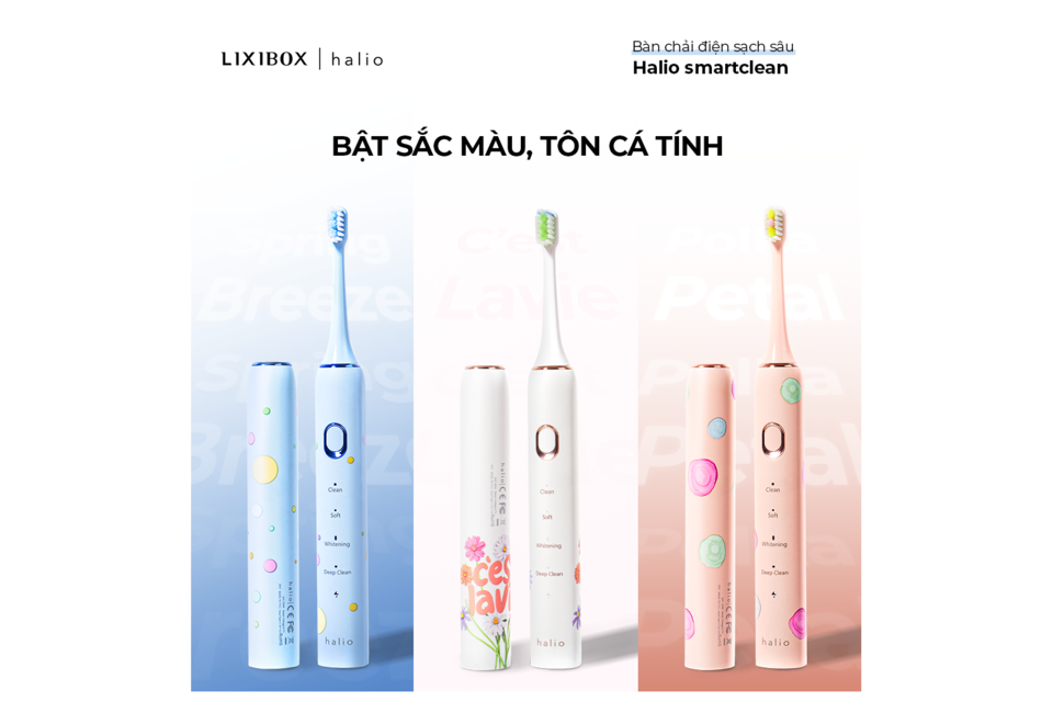 Bàn chải điện Halio Sonic SmartClean Electric Toothbrush C’est Lavie với thiết kế màu sắc tươi vui, ba màu: xanh dương, trắng và hồng, mô tả các chế độ làm sạch với từ ngữ cụ thể như Clean, Soft, Whitening, Deep Clean.