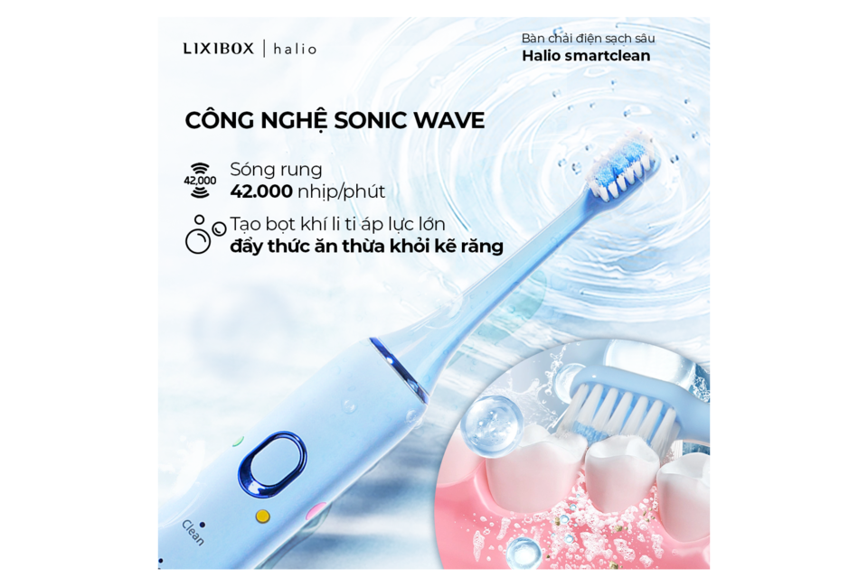 Bàn chải điện Halio Sonic SmartClean Electric Toothbrush C’est Lavie với công nghệ Sonic Wave, tạo ra 42.000 nhịp/phút, giúp làm sạch răng miệng hiệu quả, đánh bật mảng bám và bảo vệ sức khỏe răng miệng.