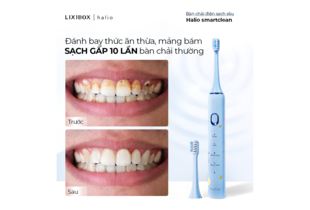 Bàn chải điện Halio Sonic SmartClean Electric Toothbrush C’est Lavie giúp đánh bay thức ăn thừa, màng bám và làm sạch gấp 10 lần bàn chải thường, với hình ảnh hiệu quả trước và sau khi sử dụng.