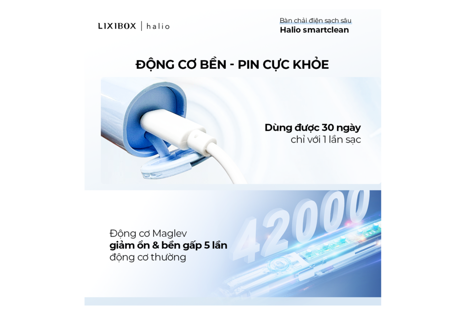 Bàn chải điện Halio Sonic SmartClean có động cơ bền, pin mạnh mẽ, sử dụng được 30 ngày chỉ với 1 lần sạc. Động cơ Maglev giảm ồn và bền gấp 5 lần so với động cơ thường.