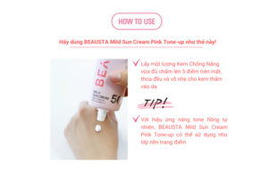 Hướng dẫn sử dụng BEAUSTA Mild Sun Cream Pink Tone-up SPF 50+/ PA++++: Lấy 5 điểm kem và thoa đều lên da, có thể sử dụng như lớp nền trang điểm.