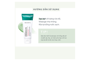 Sữa rửa mặt Beausta Cicarecipe Cleansing Foam 100ml với hướng dẫn sử dụng, bao gồm tạo bọt, massage nhẹ nhàng và rửa lại bằng nước sạch, cùng mẹo sử dụng cho da nhạy cảm.